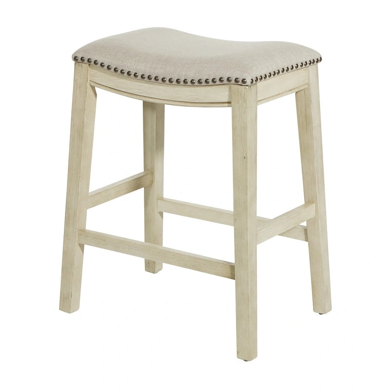 Tabourets de bar Antik White (lot de 2) – Hauteur comptoir, siège en tissu beige