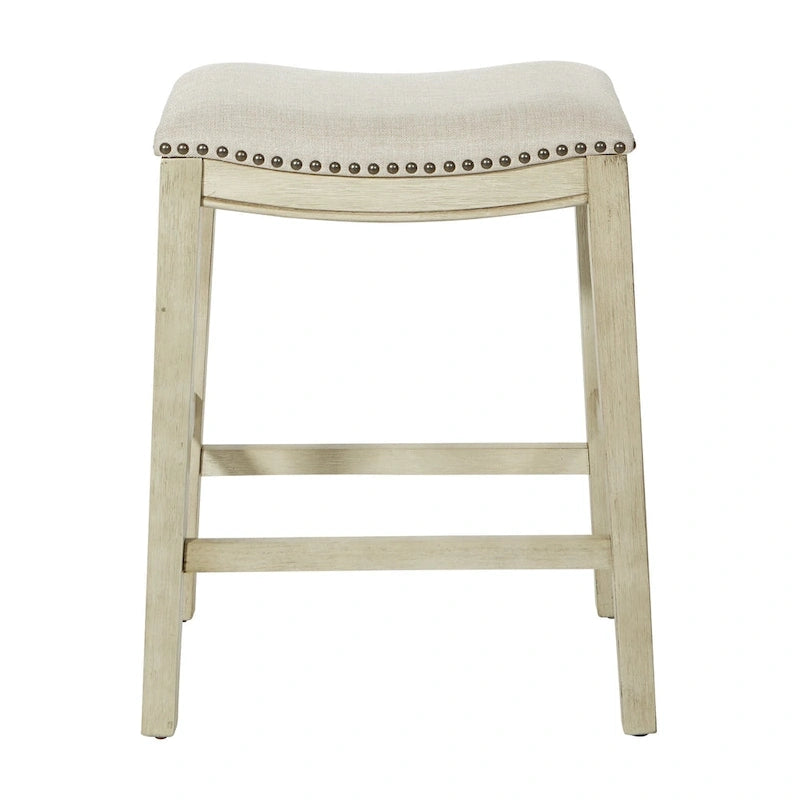 Tabourets de bar Antik White (lot de 2) – Hauteur comptoir, siège en tissu beige