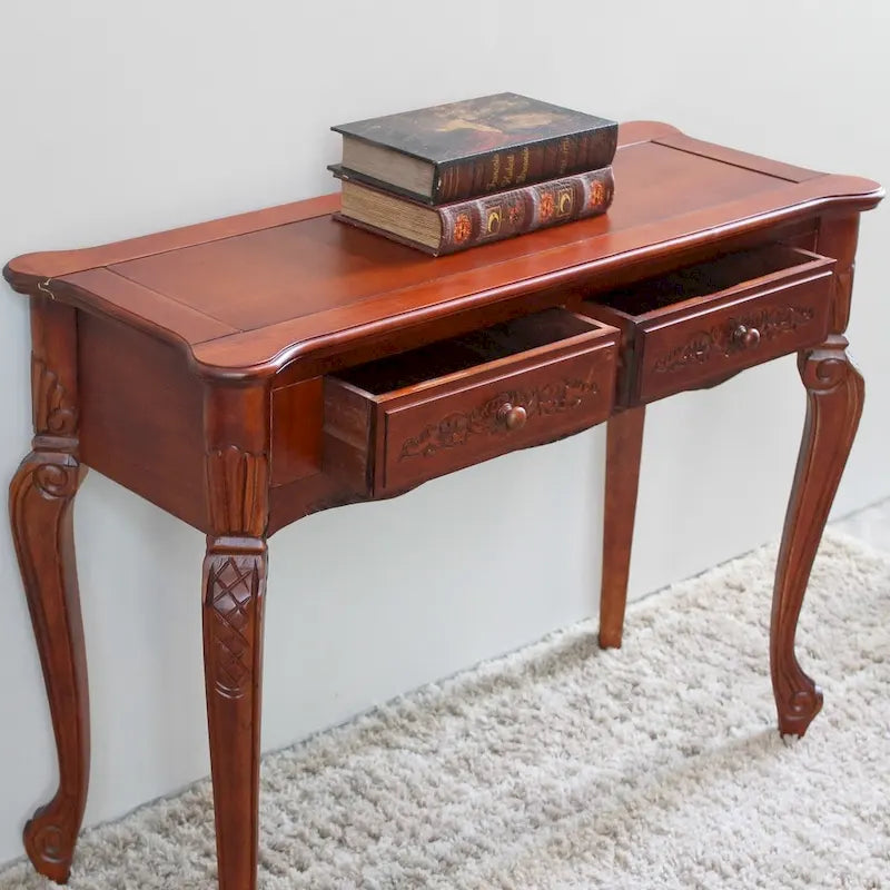 Console en bois sculptée à la main avec 2 tiroirs