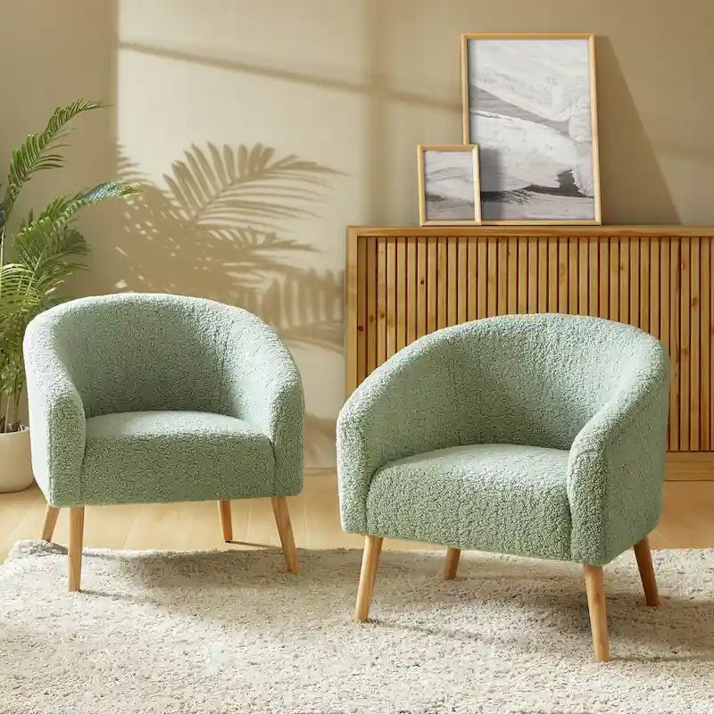 Fauteuil moderne en bouclette avec pieds en bois massif, lot de 2