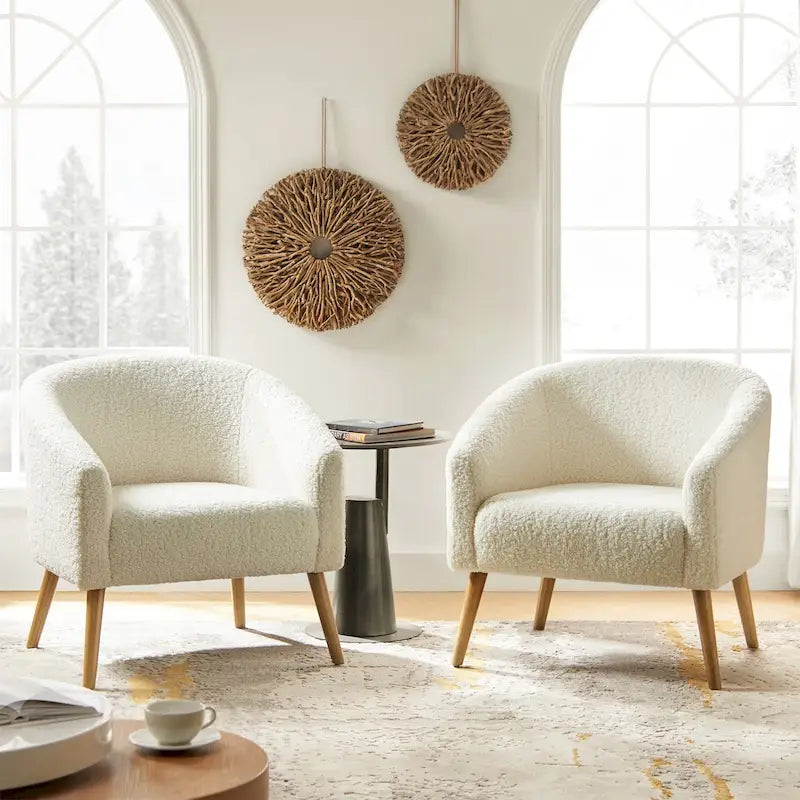 Fauteuil moderne en bouclette avec pieds en bois massif, lot de 2