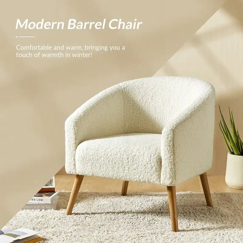 Fauteuil moderne en bouclette avec pieds en bois massif, lot de 2