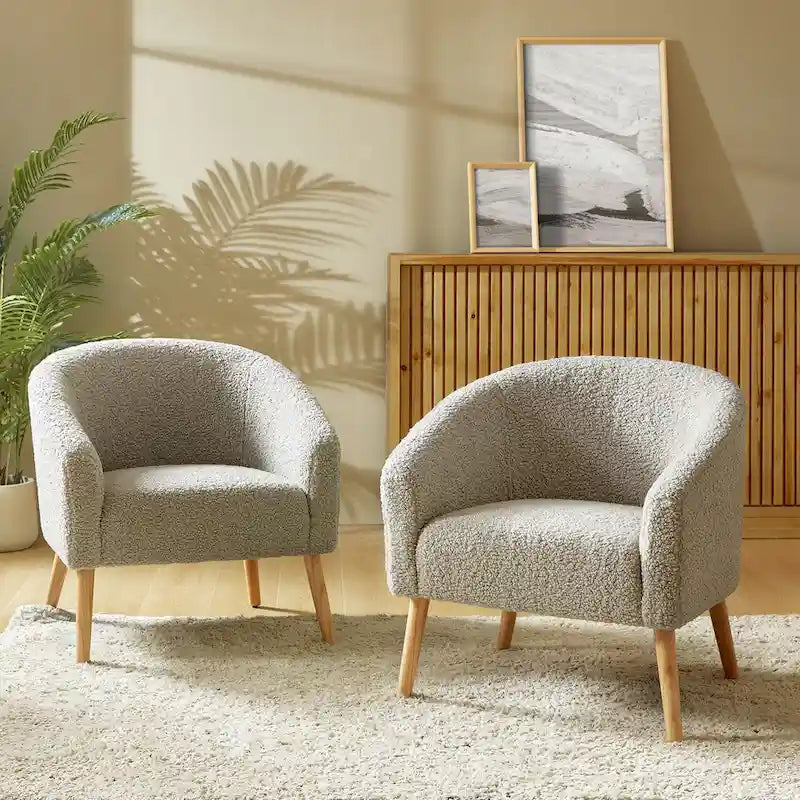 Fauteuil moderne en bouclette avec pieds en bois massif, lot de 2