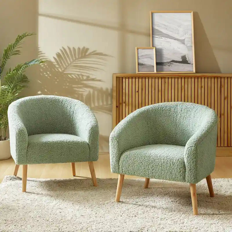 Fauteuil moderne en bouclette avec pieds en bois massif, lot de 2