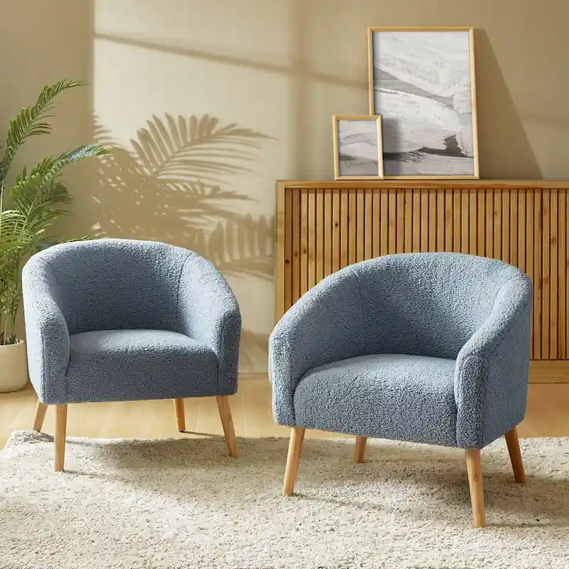 Fauteuil moderne en bouclette avec pieds en bois massif, lot de 2