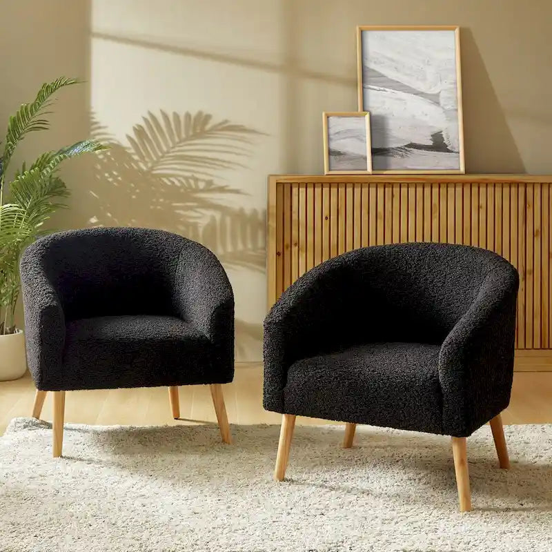 Fauteuil moderne en bouclette avec pieds en bois massif, lot de 2