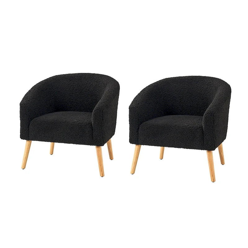 Fauteuil moderne en bouclette avec pieds en bois massif, lot de 2