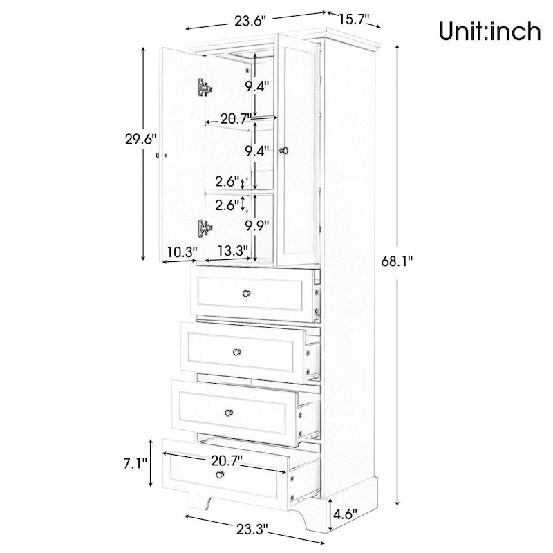 Meuble de rangement avec 2 portes et 4 tiroirs, étagère réglable