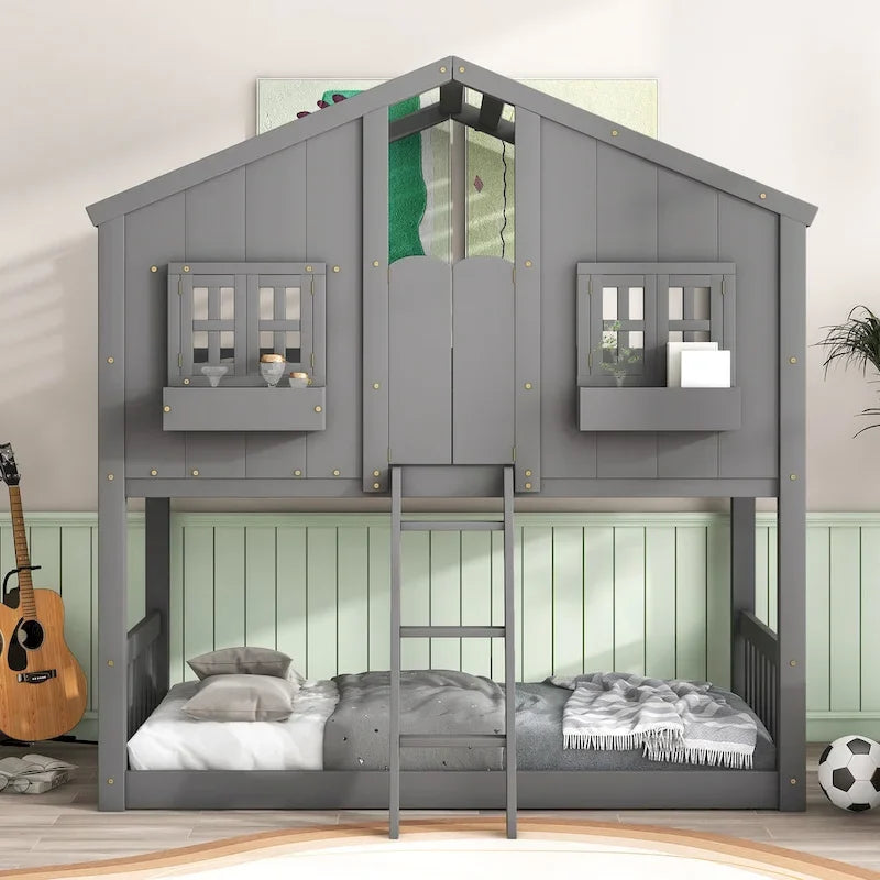 Lit superposé maison jumeau sur jumeau avec toit, fenêtre, jardinière, porte, barrières de sécurité et échelle – Gris