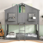 Lit superposé maison jumeau sur jumeau avec toit, fenêtre, jardinière, porte, barrières de sécurité et échelle – Gris