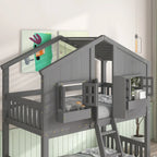 Lit superposé maison jumeau sur jumeau avec toit, fenêtre, jardinière, porte, barrières de sécurité et échelle – Gris