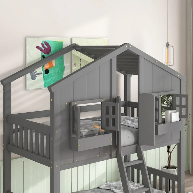 Lit superposé maison jumeau sur jumeau avec toit, fenêtre, jardinière, porte, barrières de sécurité et échelle – Gris