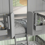 Lit superposé maison jumeau sur jumeau avec toit, fenêtre, jardinière, porte, barrières de sécurité et échelle – Gris