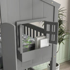 Lit superposé maison jumeau sur jumeau avec toit, fenêtre, jardinière, porte, barrières de sécurité et échelle – Gris