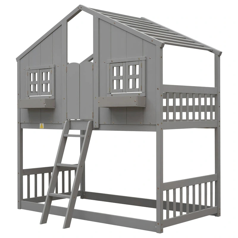Lit superposé maison jumeau sur jumeau avec toit, fenêtre, jardinière, porte, barrières de sécurité et échelle – Gris