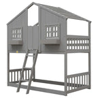 Lit superposé maison jumeau sur jumeau avec toit, fenêtre, jardinière, porte, barrières de sécurité et échelle – Gris