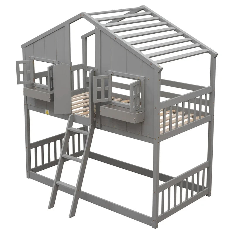 Lit superposé maison jumeau sur jumeau avec toit, fenêtre, jardinière, porte, barrières de sécurité et échelle – Gris