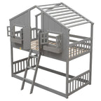 Lit superposé maison jumeau sur jumeau avec toit, fenêtre, jardinière, porte, barrières de sécurité et échelle – Gris