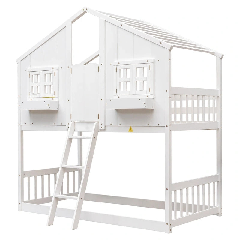 Lit superposé maison jumeau sur jumeau avec toit, fenêtre, jardinière, porte, barrières de sécurité et échelle – Gris