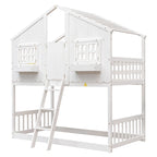 Lit superposé maison jumeau sur jumeau avec toit, fenêtre, jardinière, porte, barrières de sécurité et échelle – Gris