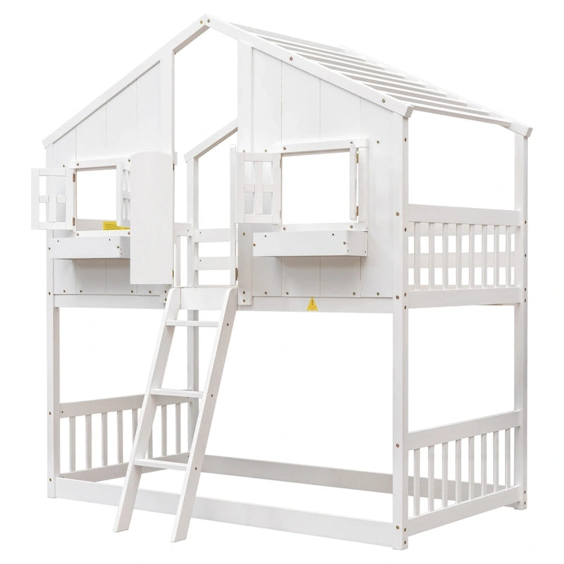 Lit superposé maison jumeau sur jumeau avec toit, fenêtre, jardinière, porte, barrières de sécurité et échelle – Gris