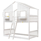 Lit superposé maison jumeau sur jumeau avec toit, fenêtre, jardinière, porte, barrières de sécurité et échelle – Gris