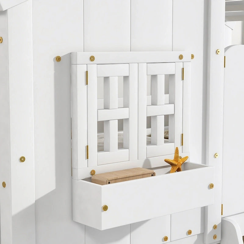 Lit superposé maison jumeau sur jumeau avec toit, fenêtre, jardinière, porte, barrières de sécurité et échelle – Gris