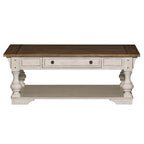 Table basse en bois brossé blanc antique avec accents tabac