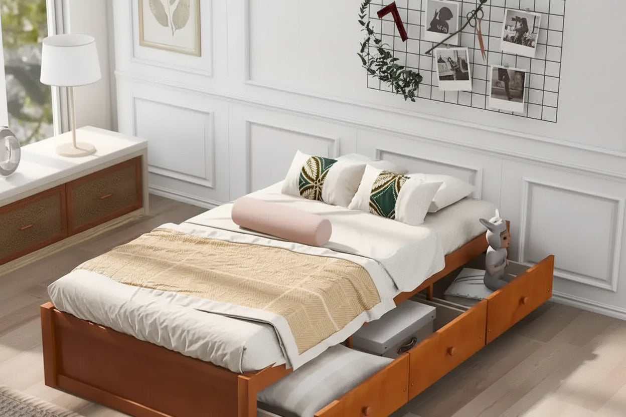 Oak Eco-Friendly Solid Pine Wood Twin Size Platform Storage Bed, 3 Drawers