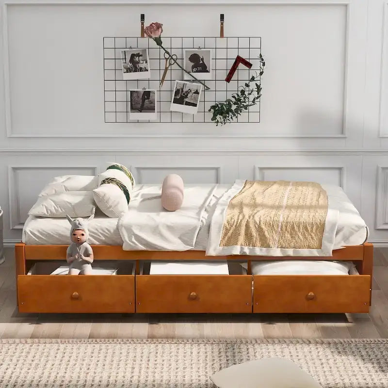 Lit plate-forme de rangement double avec 3 tiroirs, cadre en bois de pin massif