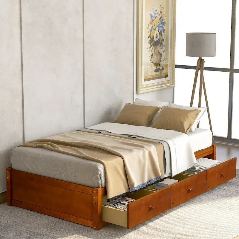 Lit plate-forme de rangement double avec 3 tiroirs, cadre en bois de pin massif