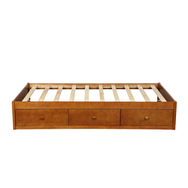 Lit plate-forme de rangement double avec 3 tiroirs, cadre en bois de pin massif