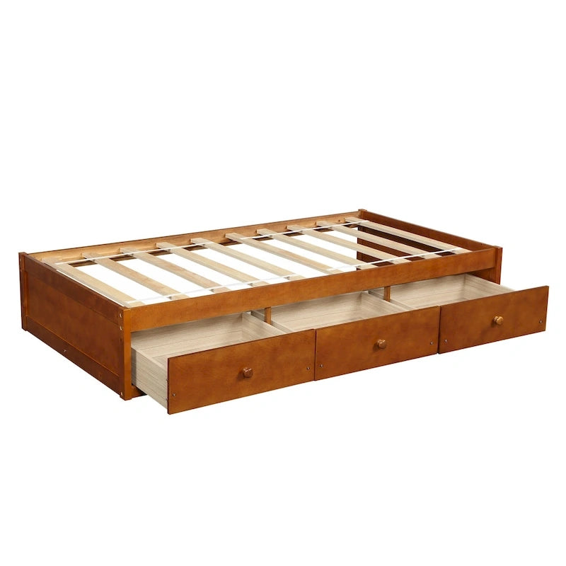 Lit plate-forme de rangement double avec 3 tiroirs, cadre en bois de pin massif