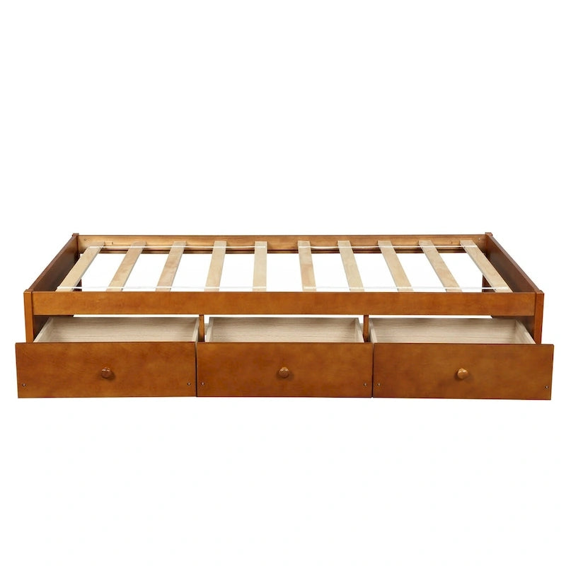 Lit plate-forme de rangement double avec 3 tiroirs, cadre en bois de pin massif