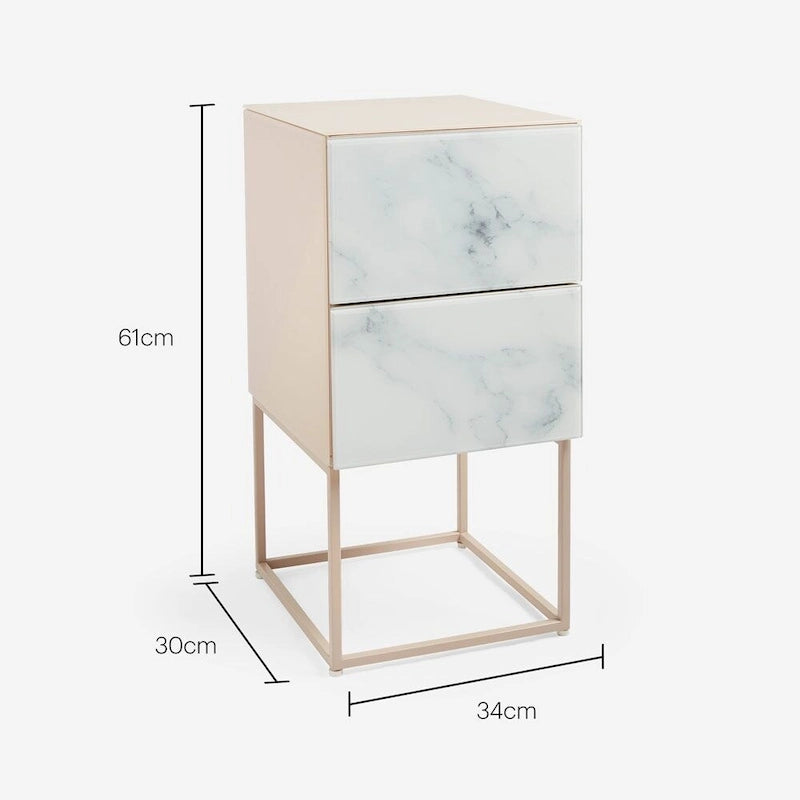 Table de chevet à deux tiroirs motif marbre avec plateau en verre trempé