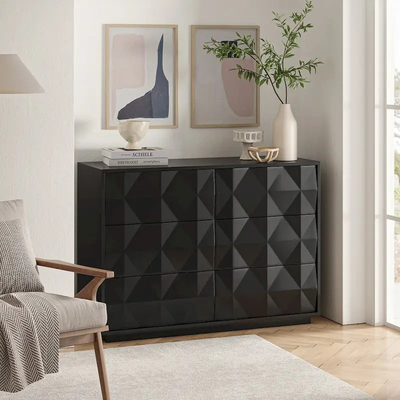 Commode à 6 tiroirs avec portes à panneaux géométriques