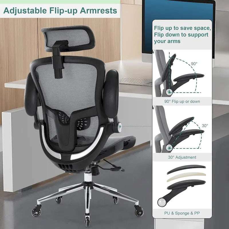 Chaise de bureau ergonomique en maille avec appui-tête et support lombaire réglables