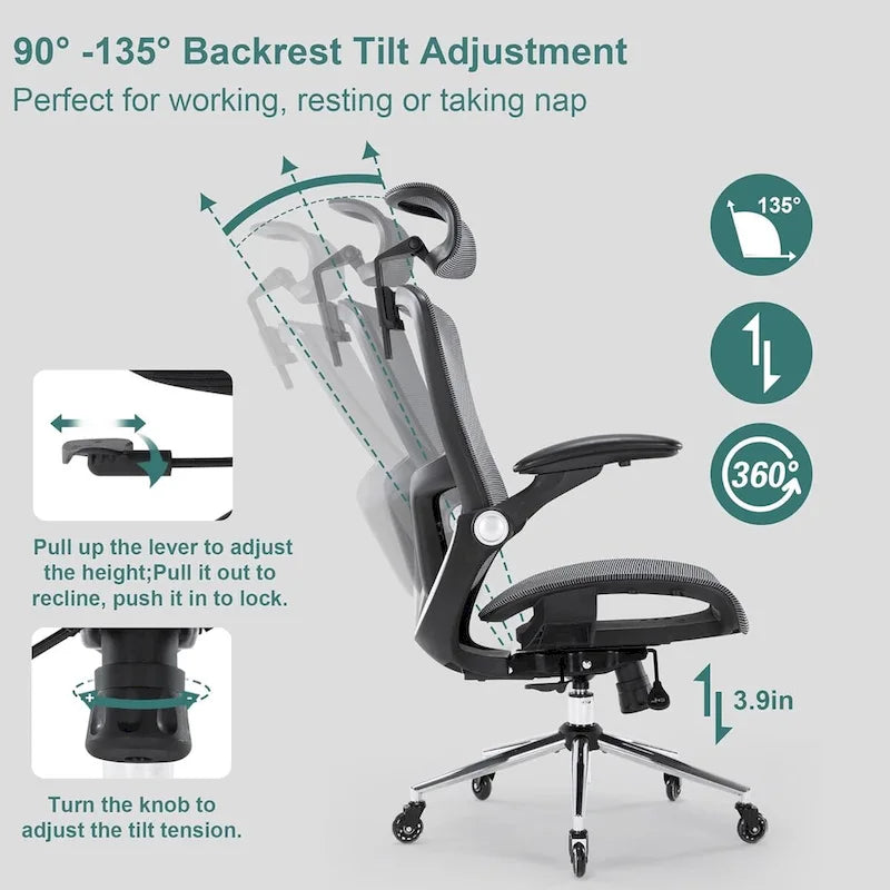 Chaise de bureau ergonomique en maille avec appui-tête et support lombaire réglables