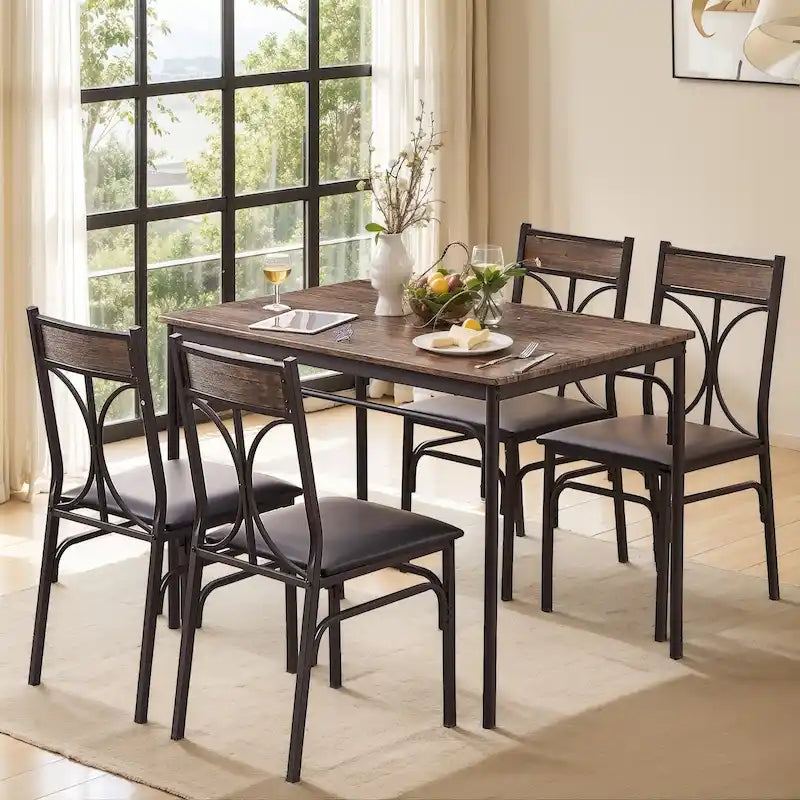 Ensemble table à manger 5 pièces avec 4 chaises rembourrées, marron