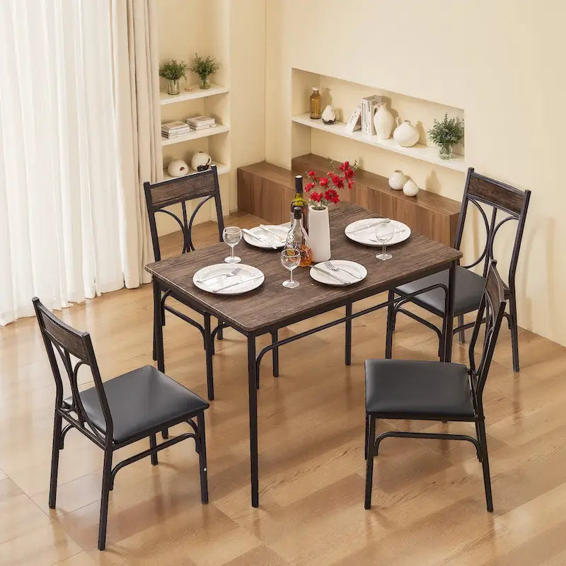 Ensemble table à manger 5 pièces avec 4 chaises rembourrées, marron