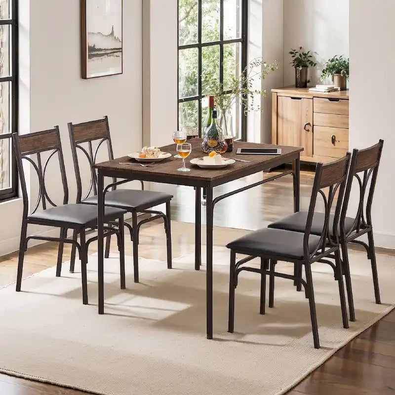 Ensemble table à manger 5 pièces avec 4 chaises rembourrées, marron