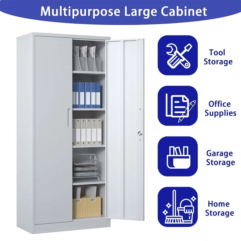 Armoire de rangement de garage en acier avec portes verrouillables et 4 étagères réglables