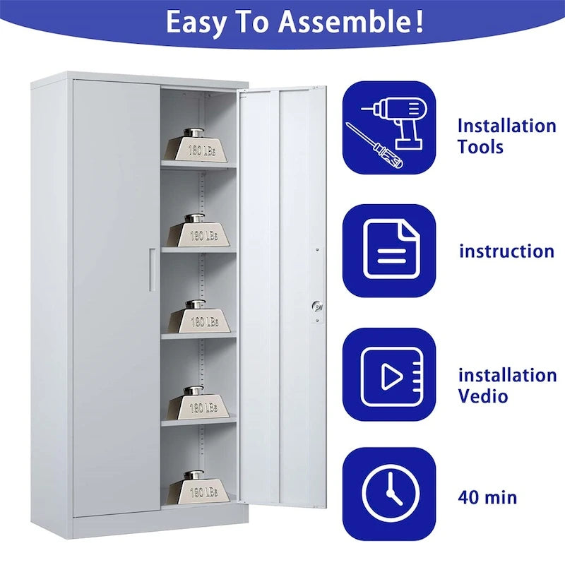 Armoire de rangement de garage en acier avec portes verrouillables et 4 étagères réglables