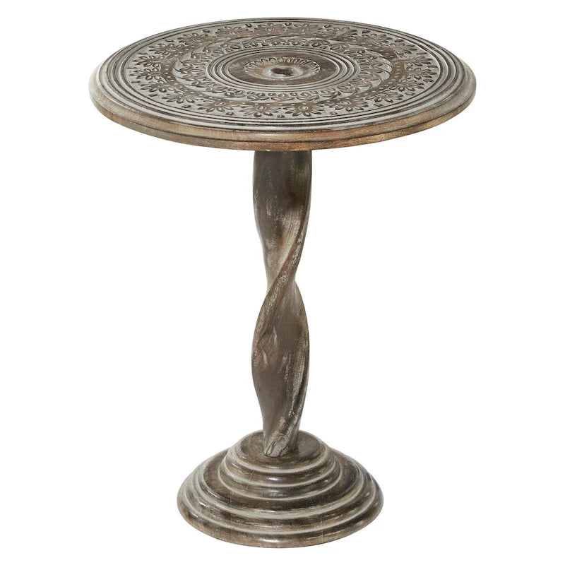 Table d'appoint sculptée florale en bois de manguier avec pied en spirale - Marron