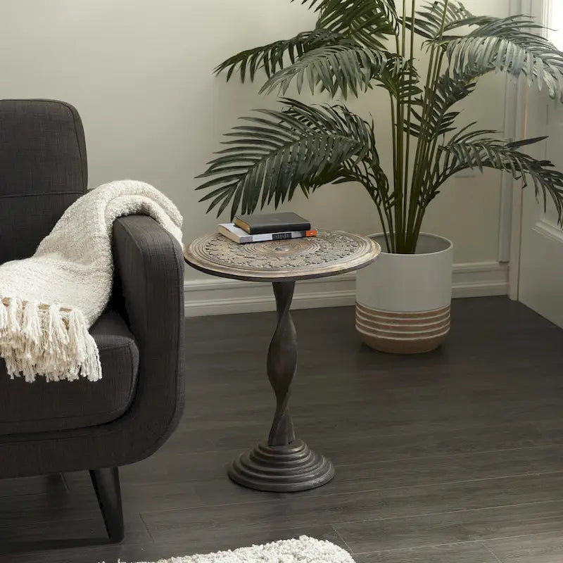 Table d'appoint sculptée florale en bois de manguier avec pied en spirale - Marron
