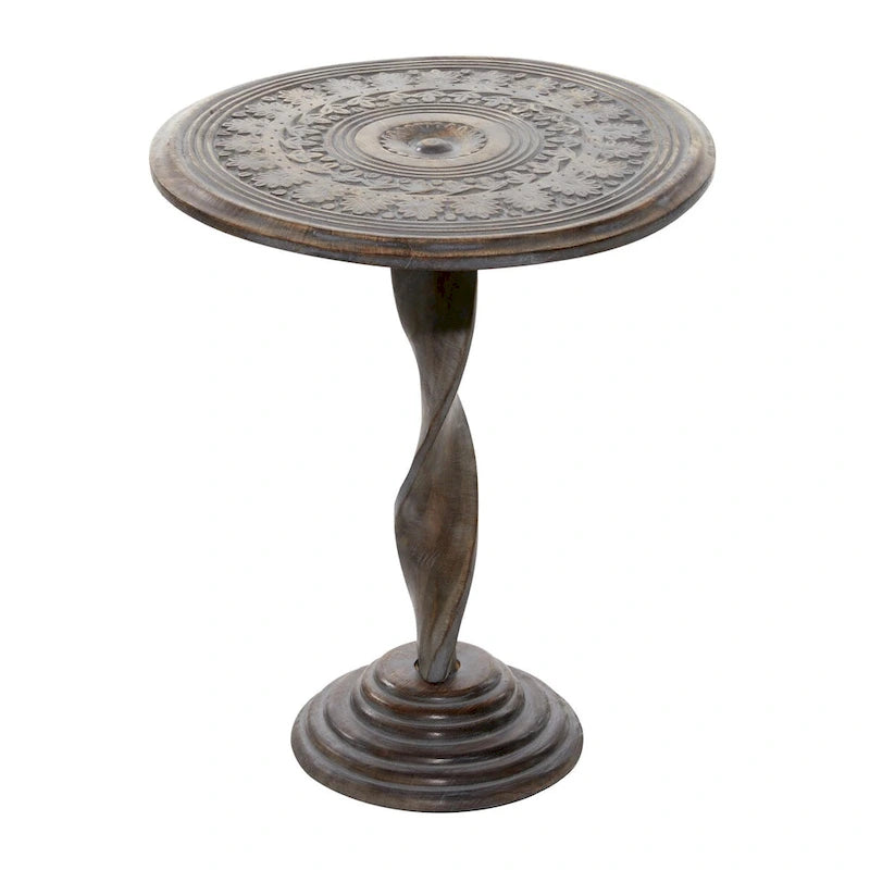 Table d'appoint sculptée florale en bois de manguier avec pied en spirale - Marron