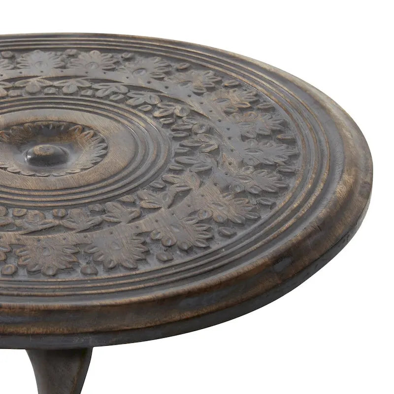 Table d'appoint sculptée florale en bois de manguier avec pied en spirale - Marron