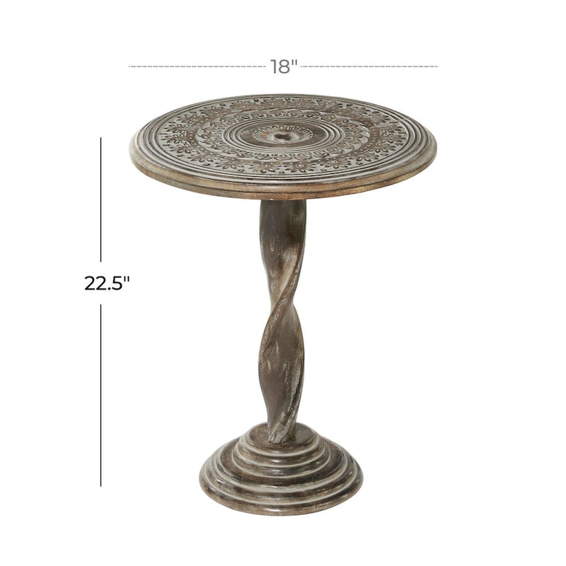 Table d'appoint sculptée florale en bois de manguier avec pied en spirale - Marron